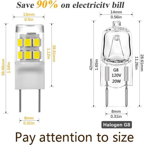 G8 LED Light Bulb, G8 GY8.6 Bi-pin Base, 3W 120V 20W 35W Halogen Replacement Bulb for Under Counter Kitchen Lighting, Under-Cabinet Light, Puck Light Daylight White 6000K（5-Pack）