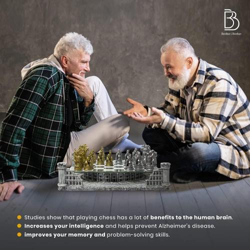 BB Brother Brother Ancient Roman Gladiators 3D Chess Board Game Set, Glass Board, Handmade Gold and Silver Polyresin Chess Pieces for 2 Players