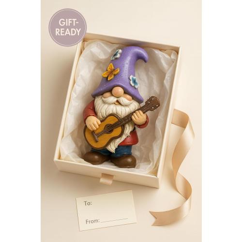 Musical Gnome Figurine with Guitar – Handcrafted Resin Garden or Shelf Decoration, 6.2 Tall Whimsical Gnome Statue with Purple Hat, Flowers & Butterfly, Gift for Music Lovers (Purple)