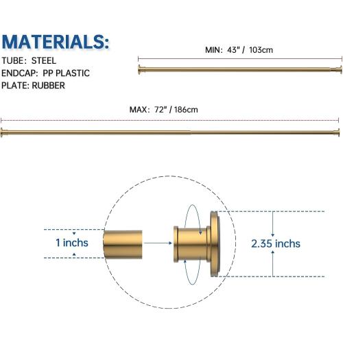 BRIOFOX Industrial Shower Curtain Rod - Rustproof Non-Slip 43-72 Inches Tension Curtain Rod for Window or Bathroom, Light Gold