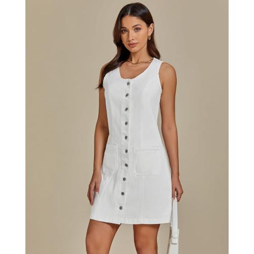 Size M luvamia Denim Dresses for Women Sleeveless Stretchy Jean Summer Casual Western Short Button Down Dress with Patch Pocket