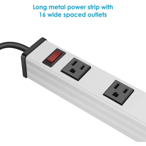 JUNNUJ Long Metal 16 Outlet Power Strip, Wide Spaced Garage Industrial Heavy Duty Power Strip with 4 FT Cord 15A, 125V, 1875W-Silver