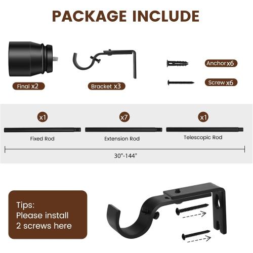 Curtain Rods 30 to 144 Inch 1 Pack Heavy Duty Adjustable Matte Black Rod