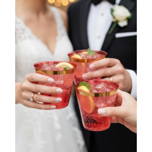 Goodluck 50PCS 9oz Red and Gold Plastic Cups for Party, Disposable Gold Rim Cups, Plastic Cocktail Glasses for Wedding Thanksgiving, Christmas, and Parties