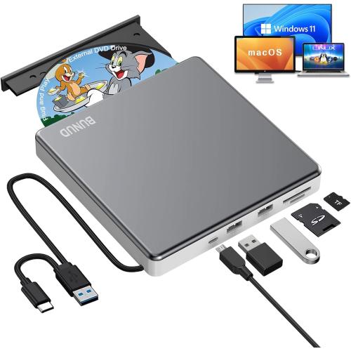 BUNUD External DVD Drive for Mac, Plug & Play Built-in USB/SD/TF Ports Grey