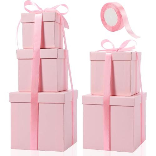 Cholemy 5 Pcs Square Nesting Boxes Decorative Gift Boxes with Lid and Ribbon Assorted Sizes Wrap for St. Patrick's Day, Carnival, Anniversary, Birthday, Bridal Shower Party Gifts(Pink)