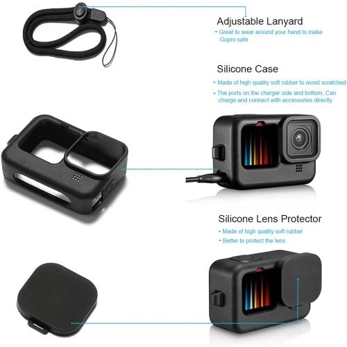 Accessories Kit for Gopro Hero 13 12 11 10 and 9 Black Battery Cover Door Waterproof Housing Silicone Case Glass Screen Protector Bundle for Go pro Hero13 Hero12 Hero11 Hero10 Hero9-63E
