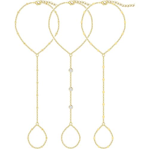 3PCS 14K Gold-Plated Hand Chain Bracelets for Women, Stack Bracelets Set Adjustable, Trendy Dainty Ring Bracelet Hand Chain
