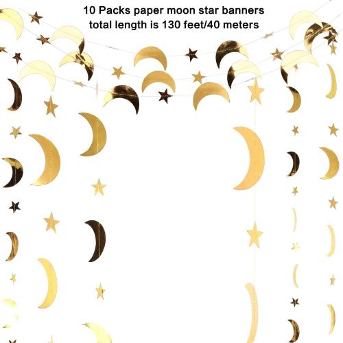 Glitter Star Moon Garland Banner Decor, 130 Feet Star Hanging Bunting Banner Gold Bright Moon Paper Garland Backdrop for Graduation Class Congrats Grad Eid Muburak Party Decoration(Gold)