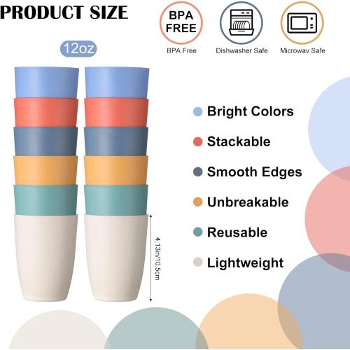 Patelai 66 Wheat Straw Plastic Cups 12 oz Reusable Glasses Set Unbreakable Plastic Tumblers Dishwasher Safe for Smoothies, Water (6 Colors)