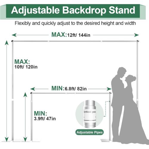 Pipe and Drape Backdrop Stand Kit 12x10ft, Heavy Duty Back Drop Adjustable Stand with Carry Bag, Metal Background Frame for Parties Wedding Birthday Decoration Photography Photo Booth Video - Silver