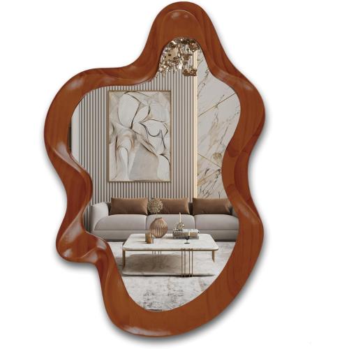 32x 21 Irregular Wall Mirror, Walnut Wooden Framed Asymmetrical Wall Mirror for Living Room Bedroom Entryway Bathroom Modern Decorative Hanging Hooks