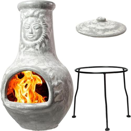 Medium Chiminea Outdoor Fireplace Grey Clay Chimineas with Chimney Rain Lids and Solid Metal Stands - Grey Terracotta Chimenea - Rustic Fire Pit Chimnea 16 x 16 x 32-inch