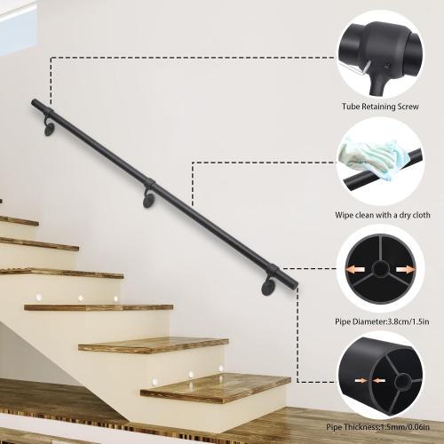Stair Railing Indoor Metal Hand Rails for Indoor Stairs 1.5 Pipe Aluminum Wall Mounted Outdoor Handrail for Steps Black Industrial Handrail for Stairs 8ft