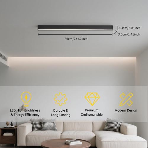 Black ceiling light LED, modern and simple, long strip ceiling surface installation, suitable for living room, bedroom, corridor and kitchen, remote control to switch color and brightness, 23.6 inches