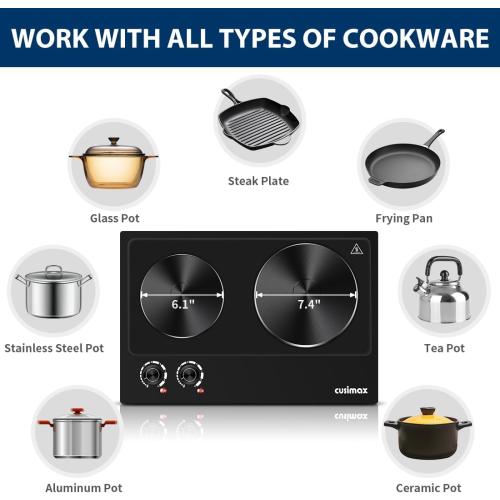 CUSIMAX Hot Plate, 1800W Electric Burner Double Hot Plate for Cooking Countertop Burner with Adjustable Temperature Control, Portable Electric Cast Iron Hot Plates Cooktop, Easy to Clean, Black