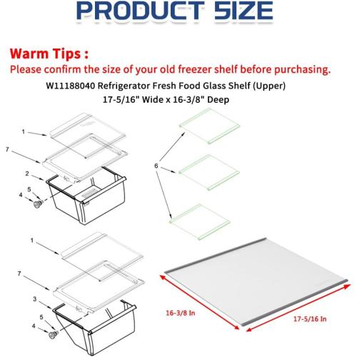 [Upgraded] W11188040 Refrigerator Fresh Food Glass Shelf (Upper) fit for Whirlpool/Maytag Refrigerators, Replaces W11135529, 4547258, AP6286990, PS12348757 (1 Pack)