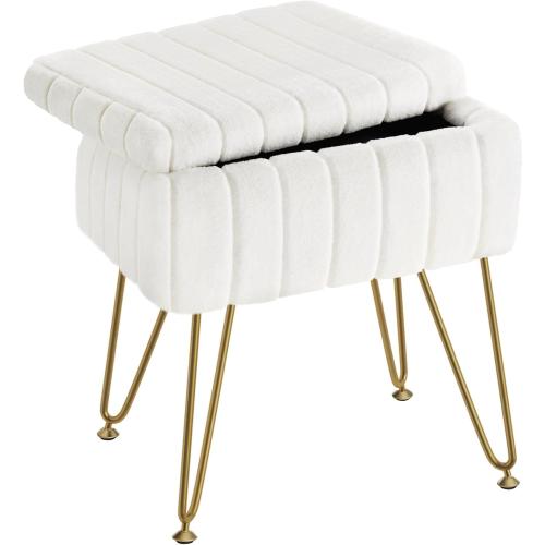 Greenstell Vanity Stool Chair Faux Fur with Storage, 15.7L x 11.8W x 19.4H Soft Ottoman 4 Metal Legs with Anti-Slip Feet, Furry Padded Seat, Modern Multifunctional Chairs for Makeup, Bedroom White