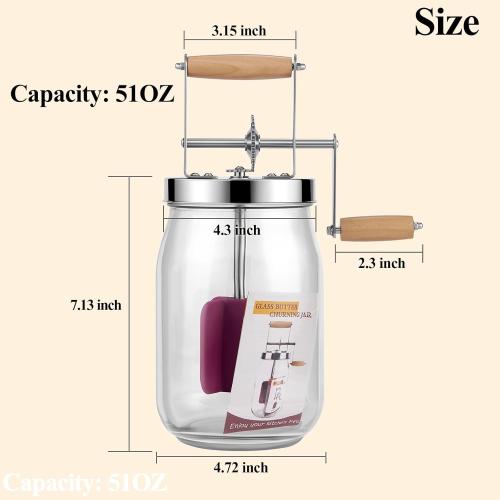 Butter Churn - Wooden Handle Shakes Stainless Steel Gear Manual Butter Maker, Butter Churner Hand Crank Mason Jar, Baking of Top Gadgets Butter Maker Cream Mixer (51oz)