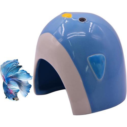 AnRui Ceramic Aquarium Decorations Cute Penguin Fish Tank Hideout Cave Aquarium Accessories Decor Ornaments for Cichlid, Small Fish, Shrimp to Play Hide Breed Habitat, Blue