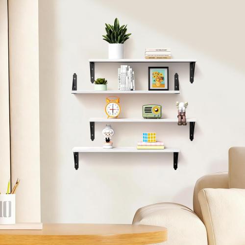 ROMGUAR CRAFT Wood Floating Shelves Set of 4, Rustic Storage Decor Wall Shelves, Wall Mounted Shelf for Living Room, Bedroom 23.6 x 6, White