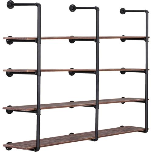 BLACK Pynsseu Industrial Wall Mounted Iron Pipe Shelf, Rustic DIY Open Bookshelf, Farmshouse Pipe Shelves for Kitchen Bathroom, 3 Pack