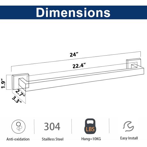 NearMoon Towel Bar, Bath Accessories Premium Thicken Stainless Steel Square Shower Towel Rack for Bathroom, Towel Holder Wall Mounted(1 Pack, Matte Black, 24 Inch)