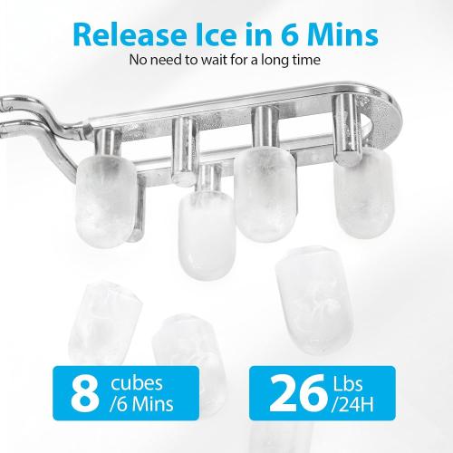 Ice Maker Countertop 26lbs/24H, Portable Ice Makers 8 Ice Cubes Ready in 6 Mins, 2 Sizes of Bullet Ice Ice Machine with Basket & Scoop, Auto Self-Cleaning