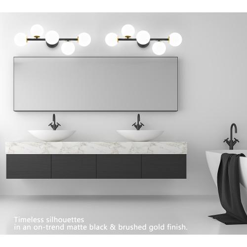Mid Century Modern Bathroom Vanity Lights, 5-Light Bathroom Light Fixtures Black and Gold Bathroom Lights Semi-Flush Mount Ceiling Light, Wall Sconces Wall Light with Globe Frosted Milk Glass, G9 Base