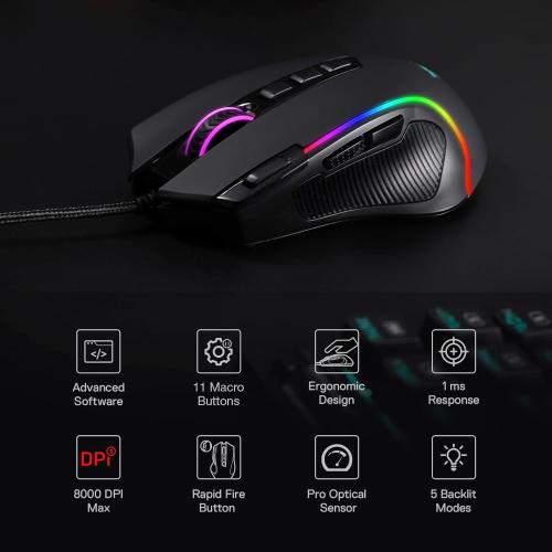 Redragon M612 Predator RGB Gaming Mouse, 8000 DPI Wired Optical Mouse with 11 Programmable Buttons & 5 Backlit Modes, Software Supports DIY Keybinds Rapid Fire Button