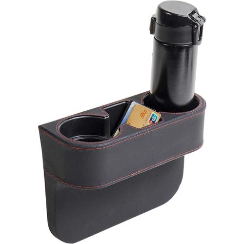 Car Cup Holder, Auto Front Seat Cup Holder, PU Leather Cover Cup Drink Holder, Car Seat Gap Filler Organizer, Side Cup Holder for Car Coin Bucket, Cell Mobile Phone Holder, Black