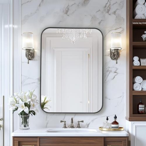 MZON 24x36 Inch Matte Black Bathroom Mirror, Rounded Rectangle Mirror for Living Room or Bathroom, Anti-Rust Frame & Tempered Glass, Horizontal/Vertical Mount - Luxe & Modern Home Decor