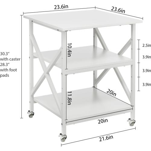 Ollieroo 3 Tier Printer Stand, Large Table with Wheels, Rolling Cart with Height Adjustable Middle Storage Shelf, 23.6 x 23.6 x 30.3 Inches Shelf for Home Office, White