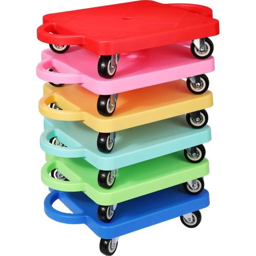 6 Pieces Sports Scooter Board Bulk Sitting Scooter Board with Handles Plastic Casters Sport Flat Scooter for Kids Children Gym Indoor Outdoor Activities Play Equipment(Light Color)