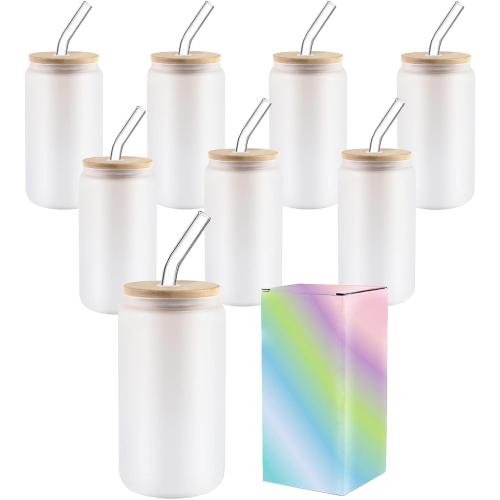 Frosted Sublimation Glass With Bamboo Lid, Cups With Straws 16OZ Tumbler, Beer Can Glass Blanks 8Pack