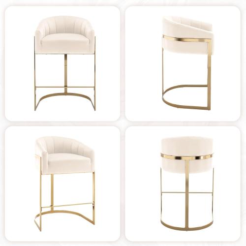 Set of 2 Size 27 Color beige and gold Counter Height Bar Stools Set of 2, Modern 27 H Barrel Counter Stools with Shell Back, Gold Velvet Bar Stools for Kitchen Island, Comfortable Velvet Upholstered Bar Stools with Backrest, Beige