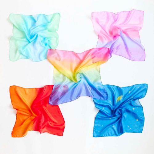 Sarah's Silks - Set of 5 Enchanted Mini Playsilks, 100% Silk 21 Square Scarf for Dance, Movement and Pretend Play - Rainbow, Starry Night, Sea, Fire and Blossom Scarves