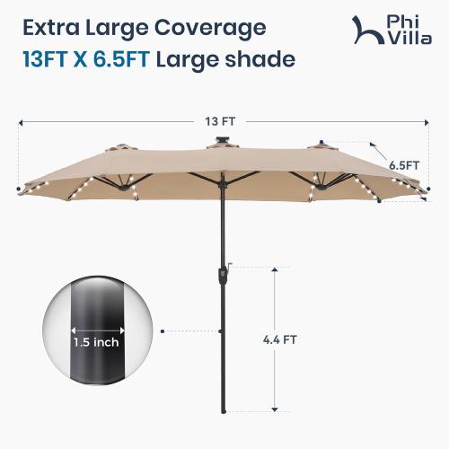 PHI VILLA 13ft Patio Umbrella with Solar-Powered 120 PCS LED Color-Changing Lights, Triple-Head Large Rectangle Umbrella Outdoor Patio for Table with Crank Lift,Beige(No Base)
