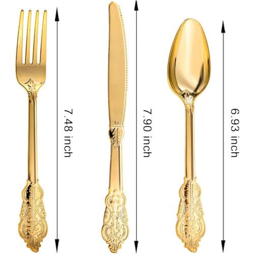 N9R 300pcs Gold Plastic Silverware Dinnerware Flatware- Heavyweight Plastic Cutlery Set, 100 Forks, 100 Spoons, 100 Knives, Gold Utensils for Party, Thanksgiving, Christmas