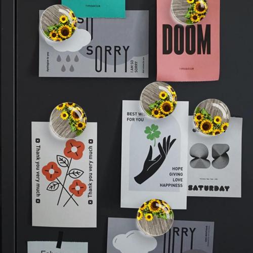 6pcs Fridge Magnets Glass Refrigerator Magnets Decorative Sunflower Wood Background Cute Magnets for Whiteboard Decorative Locker Magnets Fridge Magnets for Kitchen and Office, 1.18in/3cm