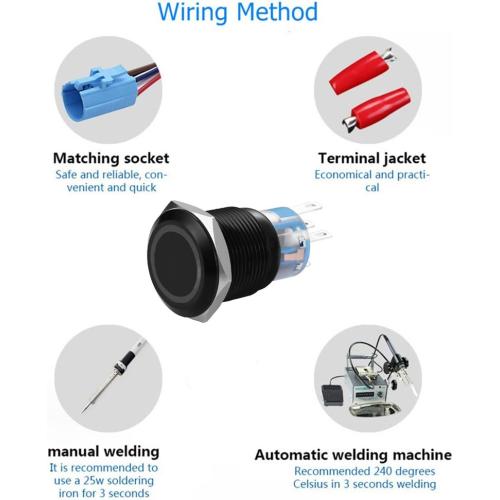 19mm Latching Push Button Switches SPDT ON/Off Waterproof Black Metal 12V Ring LED with Wire Plug (Red)