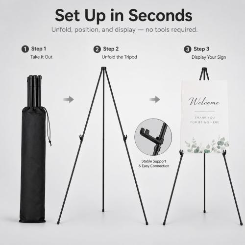 RRFTOK 63 Inch Easel Stand for Sign, Poster Stand and Wedding Sign | Instant-fold metal tripod with carry bag for welcome sign, poster display, foam board and floor use