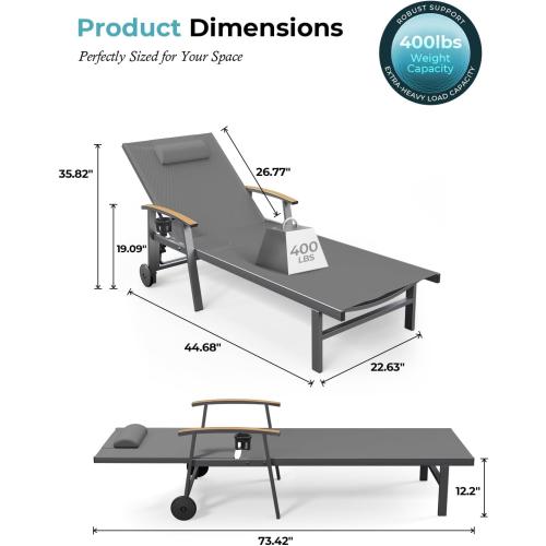 Ciokea Outdoor Lounge Chair with Pillow, 5-Position Aluminum Chaise Lounge with Wheels & Armrests, 400 lbs Heavy Duty Patio Pool Chair for Deck, Backyard, Beach & Poolside, Grey