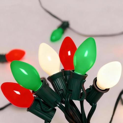 25Ft C7 LED Christmas Multicolor String Lights with 27 Red Green White LED Bulbs, Outdoor Hanging Vintage Christmas Lights Waterproof for Xmas Tree Roofline Wedding Party Holiday Decor-Red/Green/White