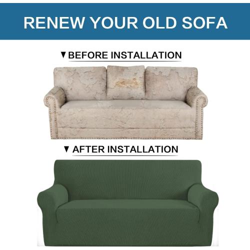 H.VERSAILTEX Stretch Couch Covers for Sofa 1 Piece Slipcovers for Couches 3 Seater Couch Cover Feature Thick Checked Jacquard Fabric with Elastic Bottom(Large Sofa 90-100 Wide, Bronze Green)