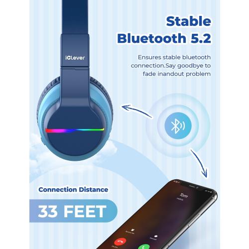 iClever BTH12 Kids Bluetooth Headphones,Colorful LED Lights Kids Headphones Wireless,74/85dBA Safe Volume,85H Playtime,Fast Charging,Bluetooth 5.2,Over Ear,Built-in Mic for iPad/Tablet/Airplane,Blue