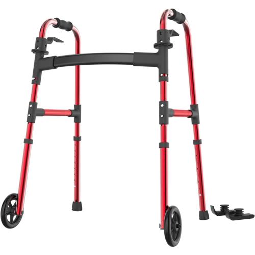 Folding Walkers for Seniors, FSA/HSA Eligible Walker with Skis Lightweight 5'' Front Wheel Walker Height Adjustable Aluminum Standard Walker for Elderly and Disabled（Red）