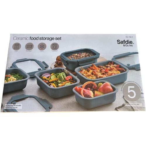 Safdie Ceramic Food Storage Set, 5 Containers with Glass Lids, Leak-Free Kitchen Containers (Blue)