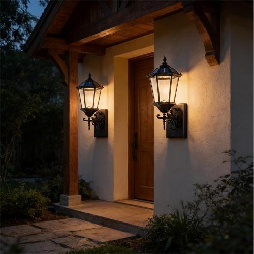 Fitsai Decorative Solar Wall Light Outdoor Lamp, Waterproof Dusk to Dawn Soalr Wall Lantern, LED Wall Mount Light Fixture, 21” Large, Aluminum Housing Plus Glass, Cool   Warm White(2 Pack)