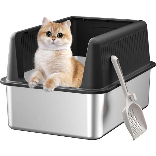 Stainless Steel Cat Litter Box with Lid,XL,19.7” L x 13.8” W x 11.8”H Deep,Large Metal Litter Box with High Side,for Small and Large Cats,Anti-Leakage Non-Sticky Easy Cleaning Include Litter Scoop